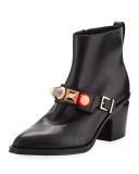 Rainbow-Stud Leather Bootie, Nero/Multi