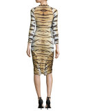 Tiger-Print 3/4-Sleeve Gathered Sheath Dress