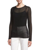 Long-Sleeve Needle-Drop Pullover Top W/Cami, Black