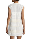 Cap-Sleeve Lace Dress W/Leather Trim, Off White