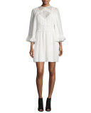 3/-Sleeve Gauze-Knit Mini Dress, Ivory
