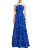 Floral-Lace Sleeveless Halter Gown, Royal Blue