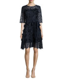 Three-Dimensional Daisy Applique & Lace Dress, Navy