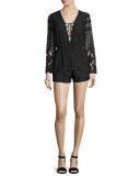 Lace-Up Long-Sleeve Romper, Black