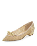 Lace Pointed-Toe Bow Flat, Gold