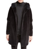 Rowlands Fox-Collar Long Coat, Caviar Black