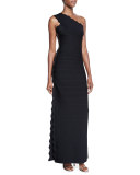 One-Shoulder Lattice Jacquard Gown, Black