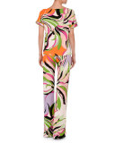 Printed Boat-Neck Boxy Tee, Pink/Green