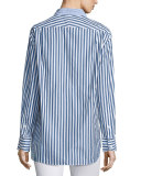 Button-Front Striped Boyfriend Shirt, Navy/White Stripe