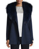 Short Wool Wrap Coat w/ Fox Fur, Midnight