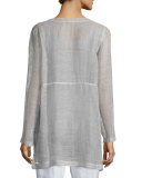 Long-Sleeve Button-Front Linen Mesh Top