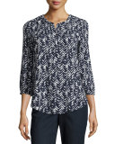 3/4-Sleeve Printed Pleated-Back Blouse, Feather Chevron