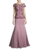 Belted Lace-Trim Satin Gown, Meadow