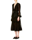 Deep-V Long-Sleeve Silk Dress, Black