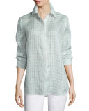 Brody Sheer-Grid Linen Long-Sleeve Blouse