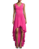 Sidney Sleeveless Ruffled High-Low Dress, Glossy Pink 