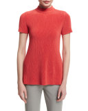 Short-Sleeve Mock-Neck Plisse Top, Matisse Red