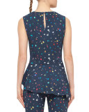 Boulder-Print Peplum Top, Navy