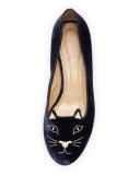 Kitty Velvet Cat-Embroidered Flat, Navy/Gold