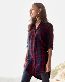 Button-Front Plaid Boyfriend Long Shirt, Red/Multi