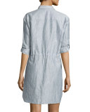 Crinkled Snap-Front Shirtdress, Indigo/White