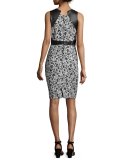 Sleeveless Leather-Trim Floral Cocktail Dress