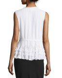 Sleeveless Button-Front Belted Blouse, Ivory