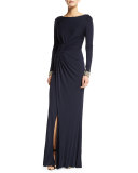 Embellished-Cuff Ruched Gown, Navy