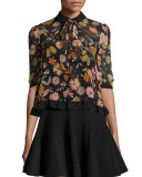 Floral Half-Sleeve Tie-Neck Blouse, Black