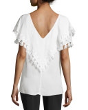 Short-Sleeve Embroidered Peasant Top, Ivory 