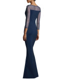 3/4-Sleeve Cross-Front Ponte Illusion Gown, Blue Notte