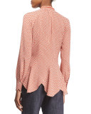 Long-Sleeve Scalloped-Hem Blouse, Pomegranate/Multi