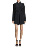 Long-Sleeve Poplin Lace-Trim Romper, Black