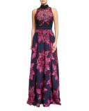 Sleeveless Mock-Neck Embellished Floral Gown, Navy Multi 