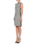 Seersucker Sleeveless Ribbon-Trim Dress, White/Black