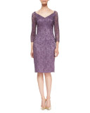 3/4-Sleeve Floral Lace Cocktail Dress, Mauve