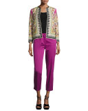 Ikat-Print Open Bracelet-Sleeve Jacket, Fuchsia/Ivory/Green