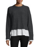 Wool-Blend Striped-Trim Illusion Sweater, Coal/White/Blue
