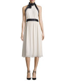 sleeveless satin-trim cocktail dress, light shale