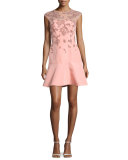 Beaded Cap-Sleeve Illusion Dress, Rose Pink