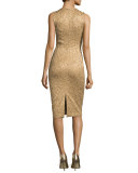 Sleeveless Metallic Jacquard Sheath Dress, Fawn/Gold
