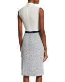 Sleeveless Tie-Neck Combo Sheath Dress, Marine Blue