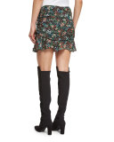 Violet Floral Silk Ruffle Mini Skirt, Black/Multicolor