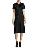 Short-Sleeve Collared Satin Shirtdress, Black