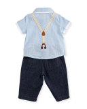 Short-Sleeve Oxford Shirt w/ Chambray Pants, Blue, Size 12-24 Months