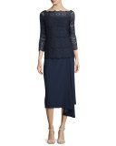 3/4-Sleeve Tiered-Lace Blouse, Midnight Blue