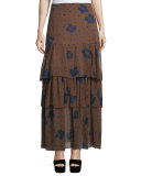 Floral Silk Tiered Maxi Skirt, Coffee