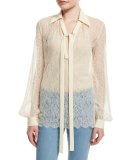 Long-Sleeve Self-Tie Sheer Lace Blouse, Vanilla