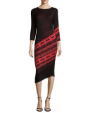 3/4-Sleeve Angled-Stripe Dress, Black/Ruby Coral