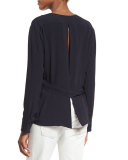 Long-Sleeve Woven Surplice Top, Navy